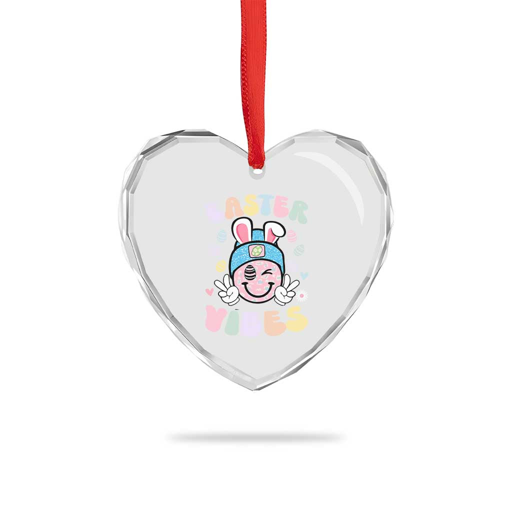 Groovy Easter Vibes Heart Crystal Glass Ornament Retro Bunny Smile Eggs - Wonder Print Shop