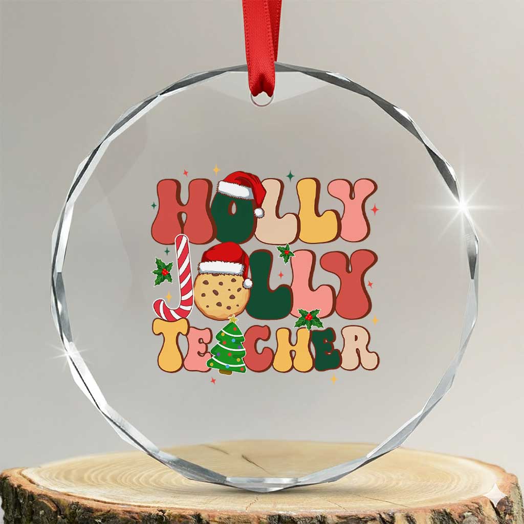 Groovy Holly Jolly Teacher Christmas Retro Xmas Crystal Glass Ornament TS02