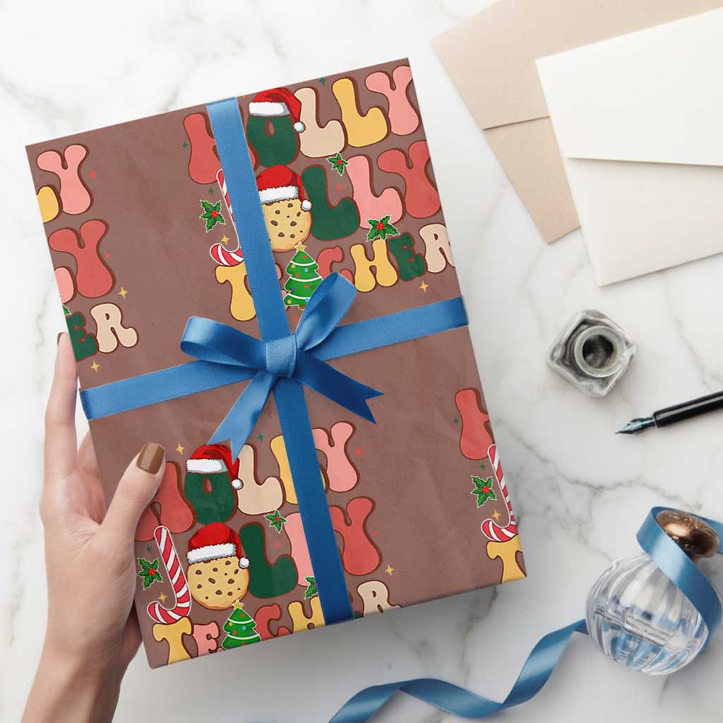 Groovy Holly Jolly Teacher Christmas Retro Xmas Wrapping Paper Roll