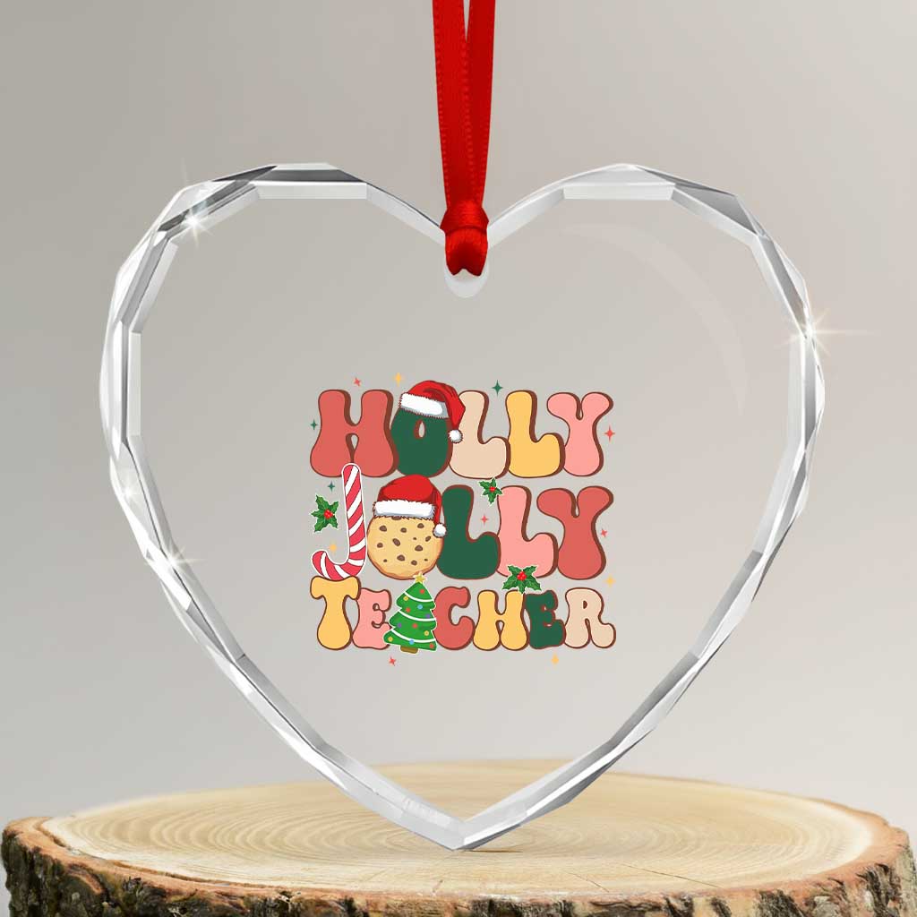 Groovy Holly Jolly Teacher Christmas Retro Xmas Heart Crystal Glass Ornament - Wonder Print Shop