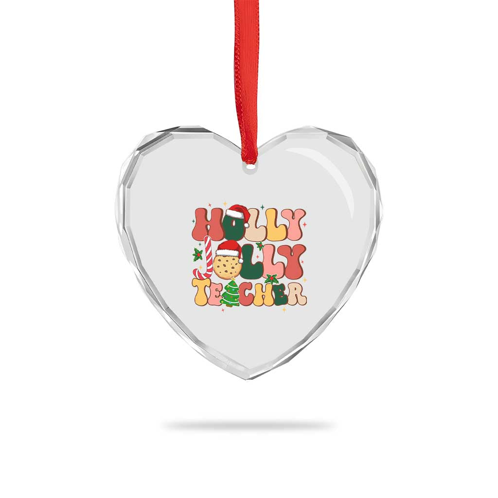 Groovy Holly Jolly Teacher Christmas Retro Xmas Heart Crystal Glass Ornament - Wonder Print Shop