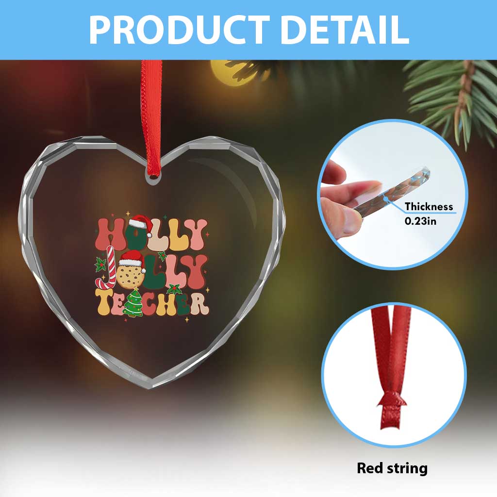 Groovy Holly Jolly Teacher Christmas Retro Xmas Heart Crystal Glass Ornament - Wonder Print Shop