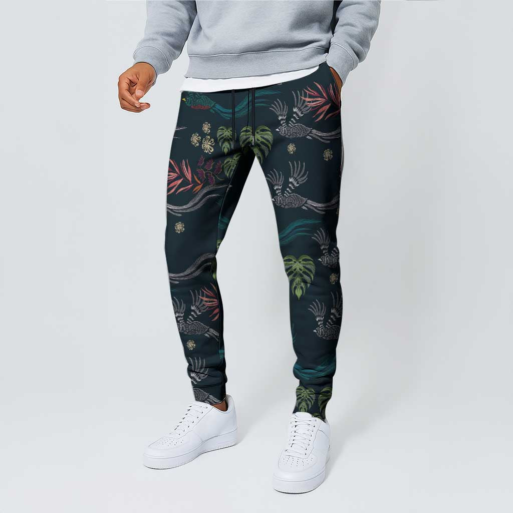 Guatemala Quetzal Bird Pattern Jogger Pants Embroidery Effect