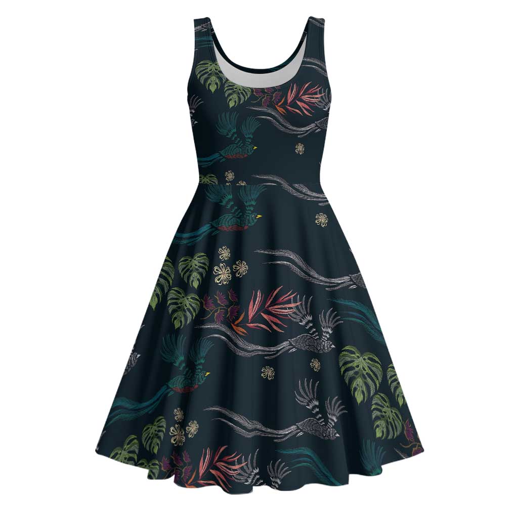 Guatemala Quetzal Bird Pattern Midi Dress Embroidery Effect