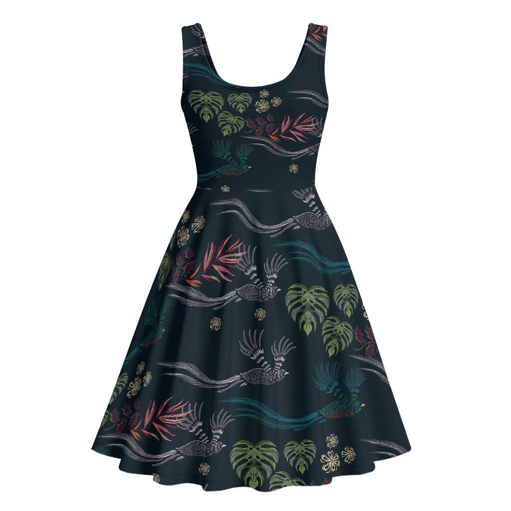 Guatemala Quetzal Bird Pattern Midi Dress Embroidery Effect