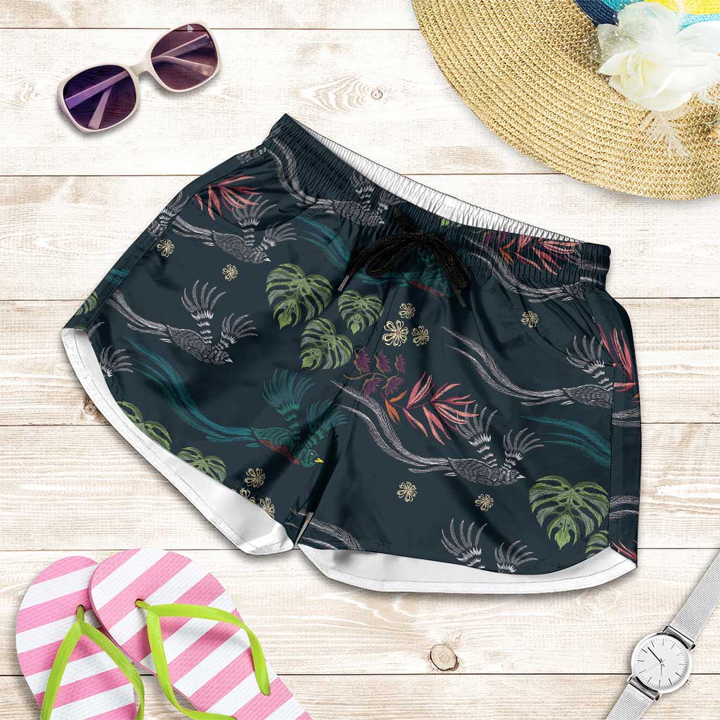 Guatemala Quetzal Bird Pattern Shorts for Women Embroidery Effect
