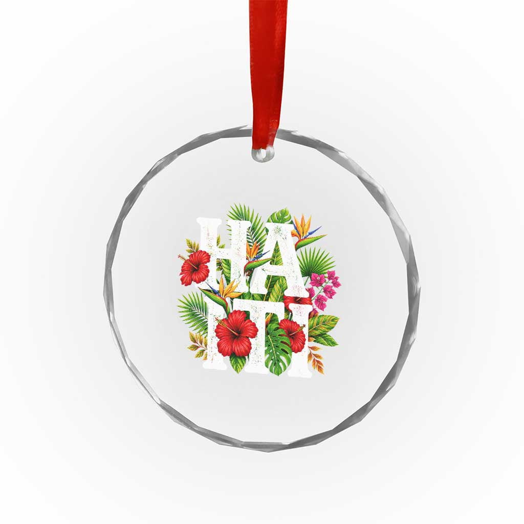 Haiti Tropical Floral Hibiscus Palm Leaves Island Graphic Crystal Glass Ornament Haitian Heritage Pride