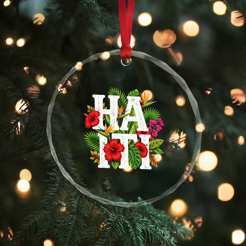 Haiti Tropical Floral Hibiscus Palm Leaves Island Graphic Crystal Glass Ornament Haitian Heritage Pride