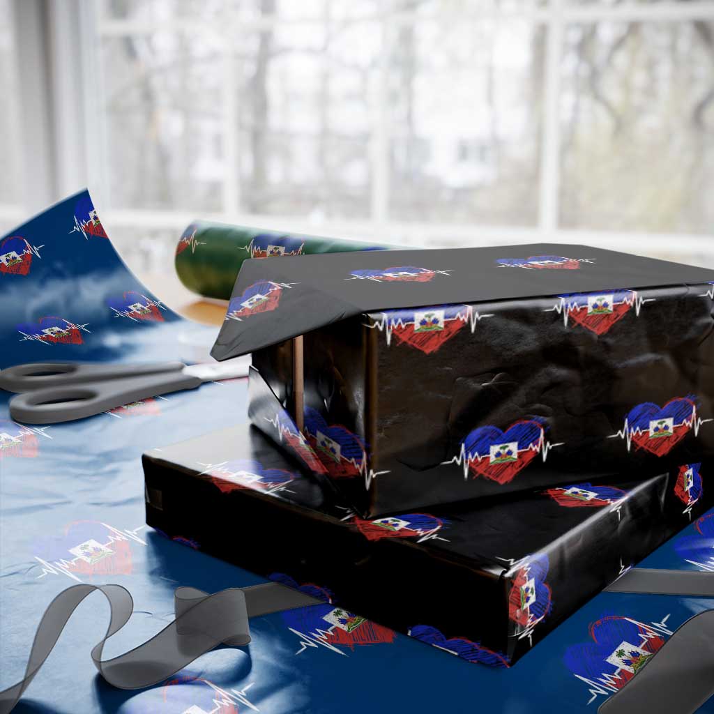 Haitian Flag Heartbeat EKG Pulse Graphic Wrapping Paper Roll My Heart Beats For Haiti Identity Heritage Pride