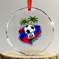 Haitian Flag Soccer Ball Graphic Crystal Glass Ornament Tropical Palm Trees Caribbean Haiti Football Fans Pride