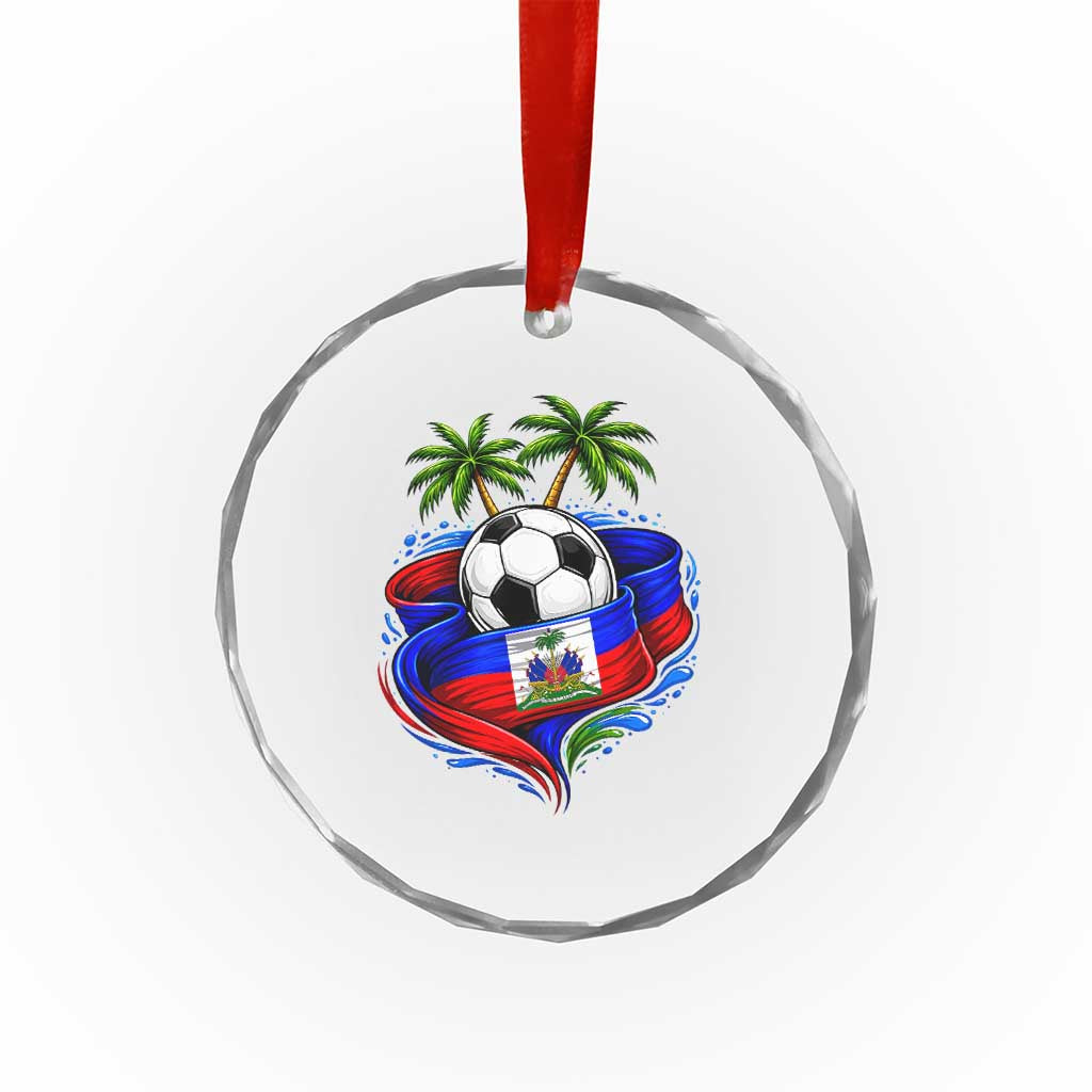 Haitian Flag Soccer Ball Graphic Crystal Glass Ornament Tropical Palm Trees Caribbean Haiti Football Fans Pride