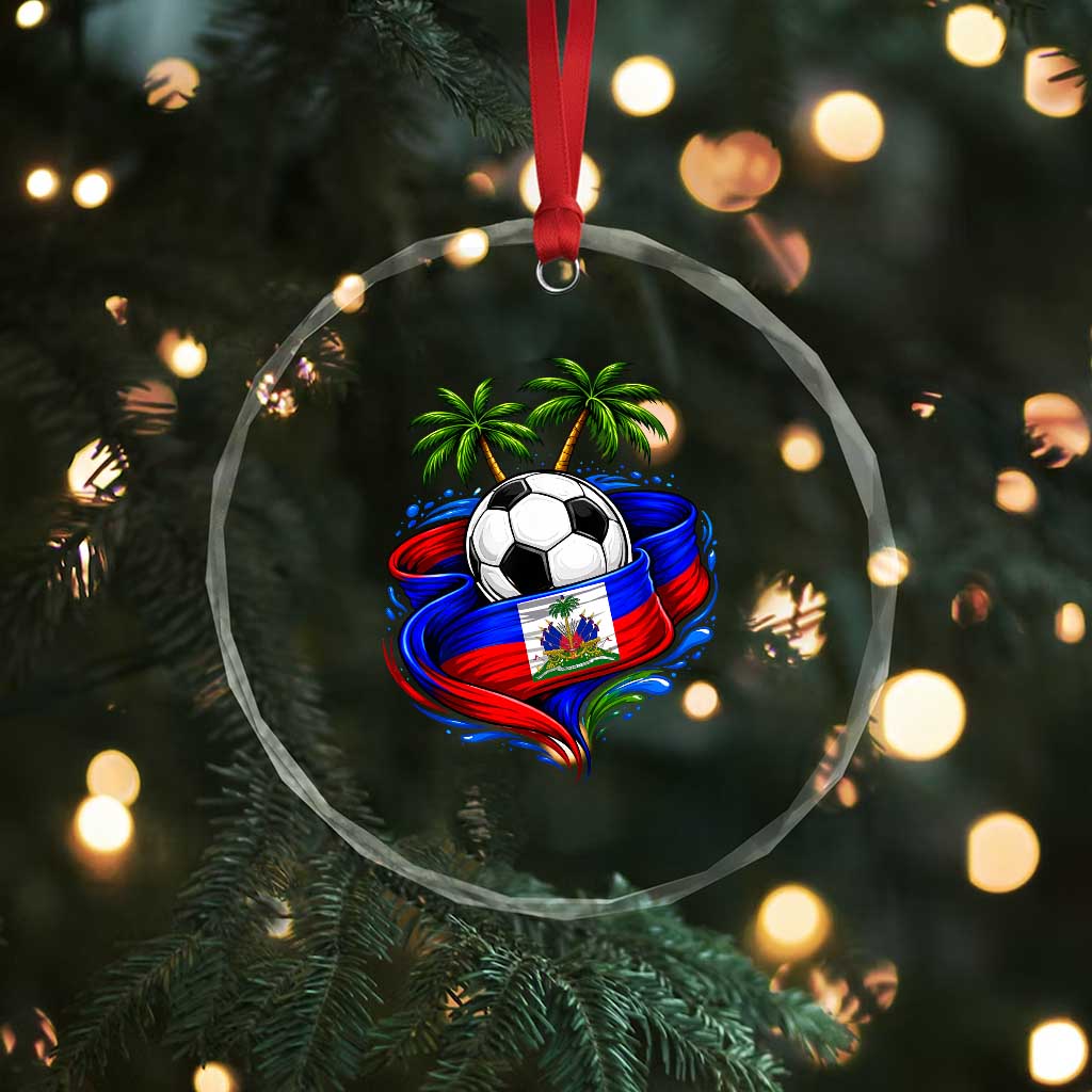 Haitian Flag Soccer Ball Graphic Crystal Glass Ornament Tropical Palm Trees Caribbean Haiti Football Fans Pride