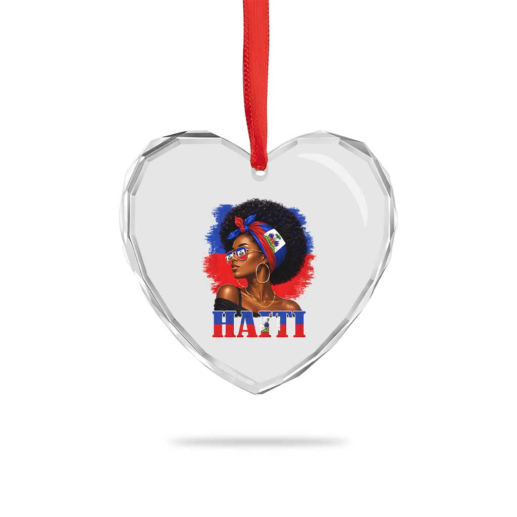 Haitian Queen Afro Melanin Graphic Heart Crystal Glass Ornament Haiti Flag Heritage Pride
