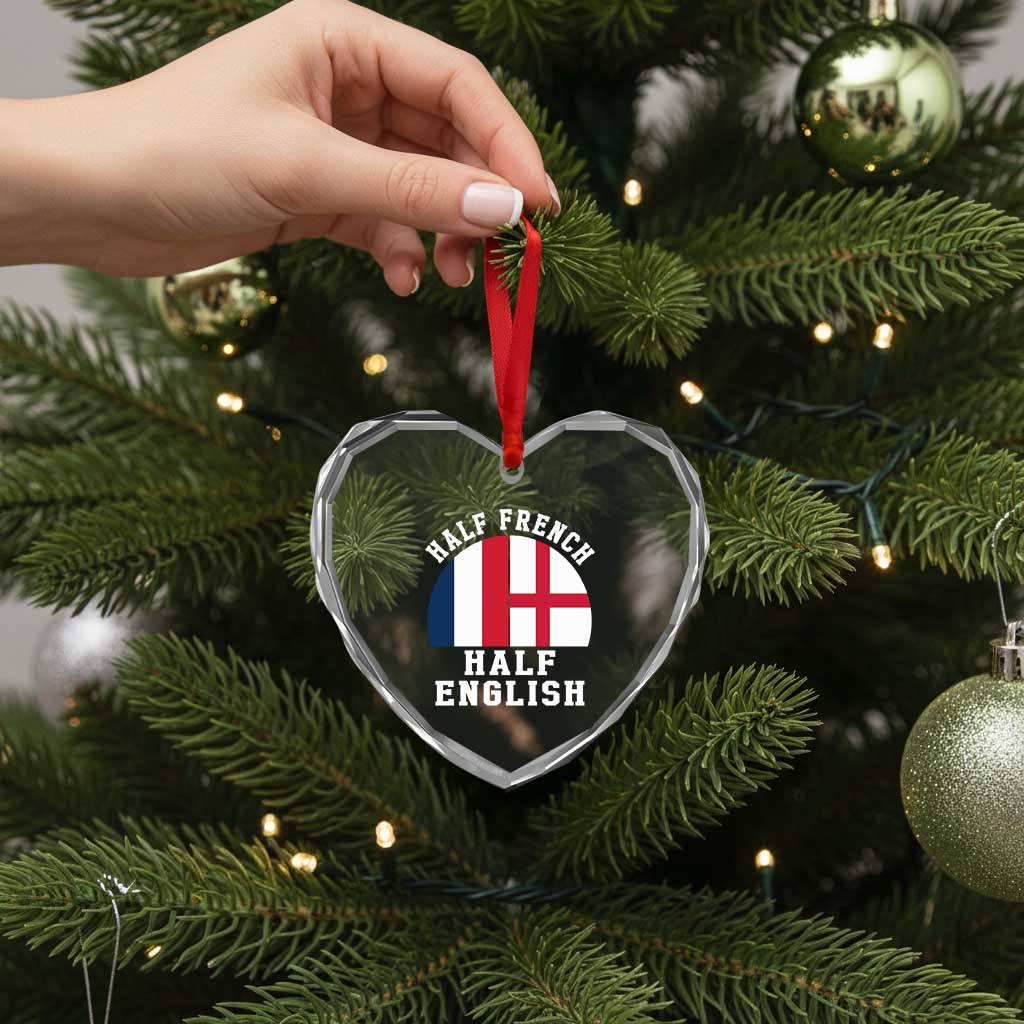 Half French Half English Split Flag Graphic Heart Crystal Glass Ornament Patriotic Anglo England France Dual Heritage DNA Ancestry