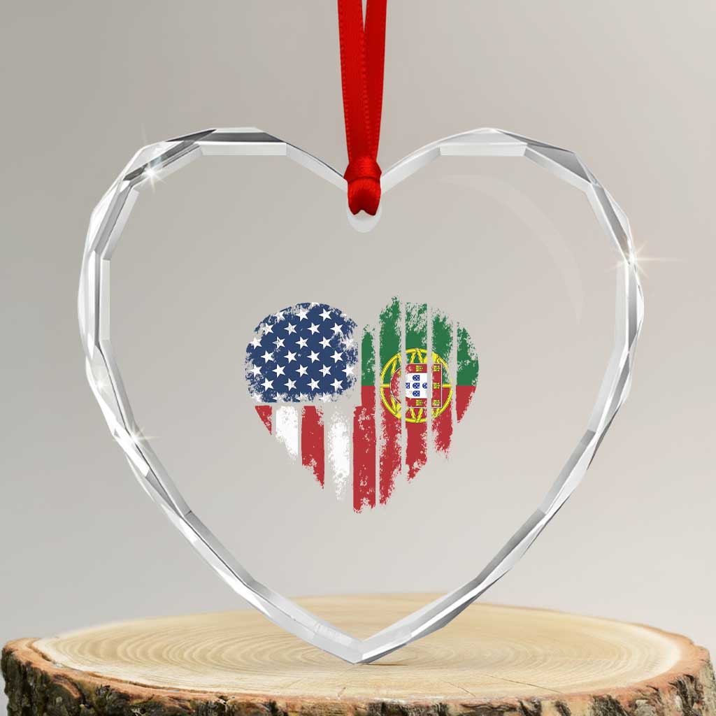 Half Portuguese American Flag Heart Crystal Glass Ornament Portugal Roots USA Flag Immigrant Gifts - Wonder Print Shop