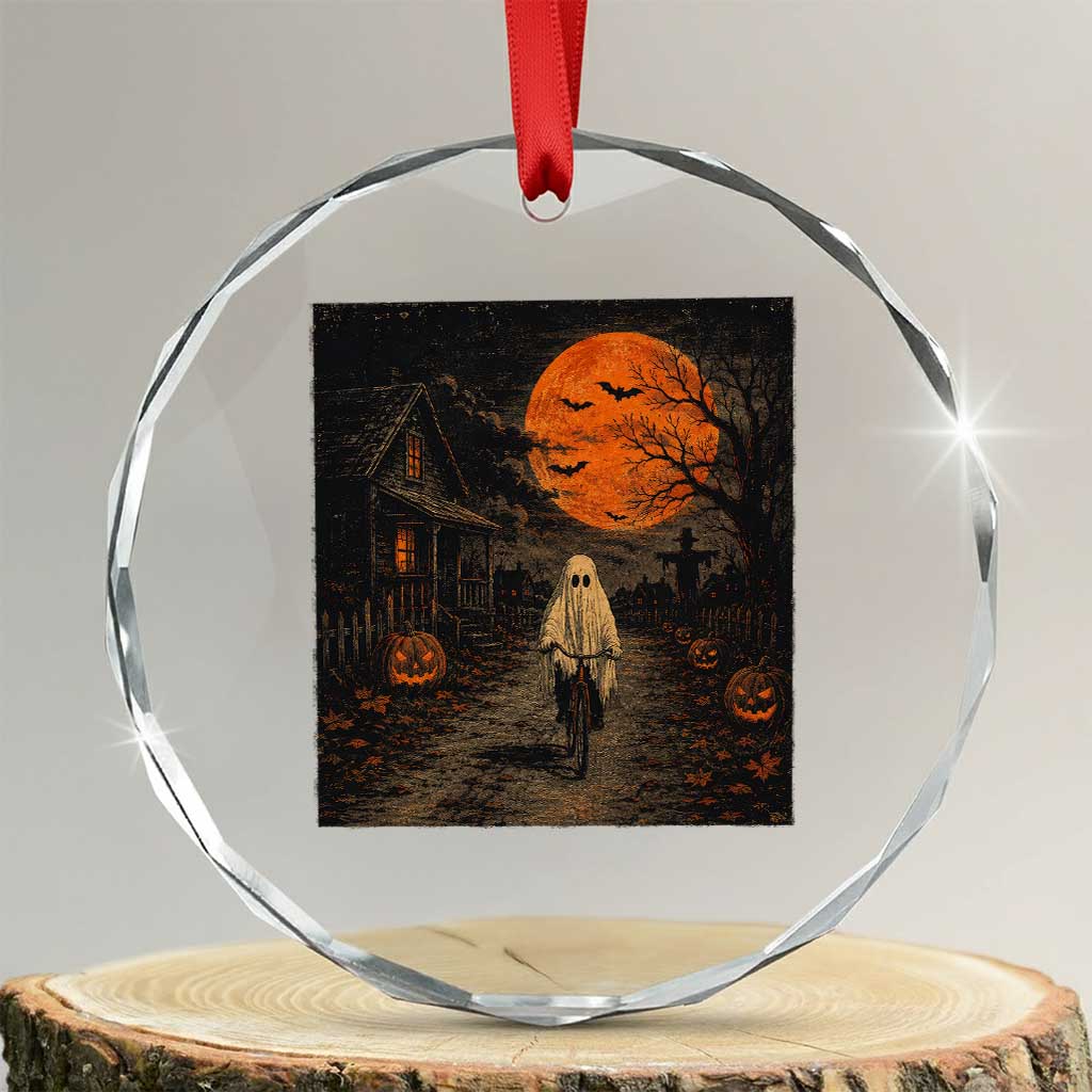 Halloween Spooky Ghost Biking Crystal Glass Ornament Vintage Ghost Riding Bicycle Gothic Moonlit Pumpkin Autumn Graphic
