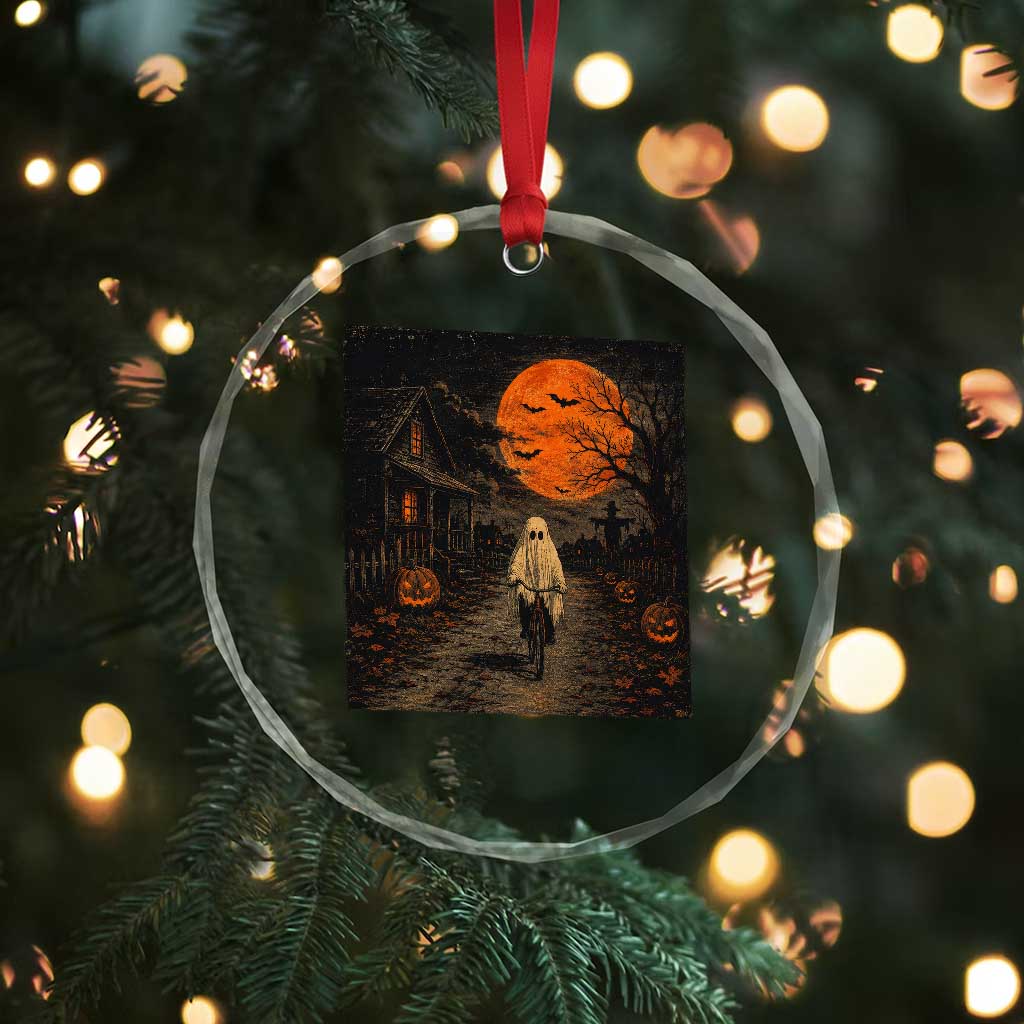Halloween Spooky Ghost Biking Crystal Glass Ornament Vintage Ghost Riding Bicycle Gothic Moonlit Pumpkin Autumn Graphic