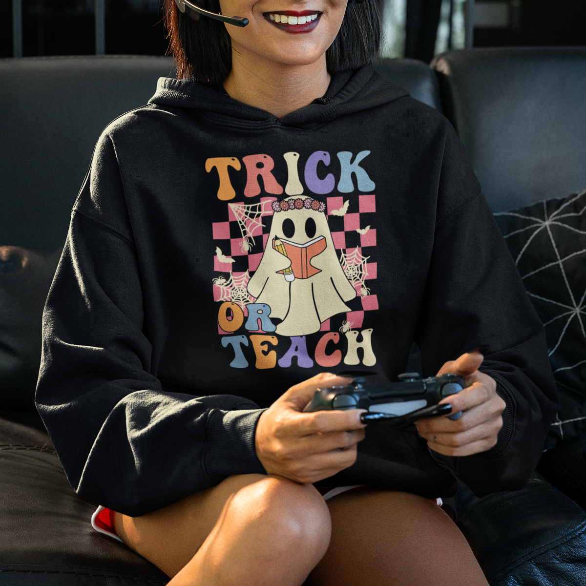 Halloween Teacher Hoodie Trick or Teach Retro Floral Ghost Funny Halloween Teacher - Wonder Print Shop