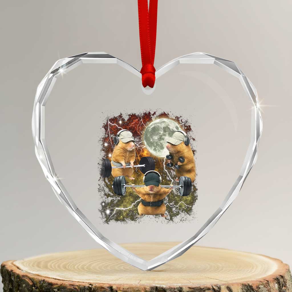 Hamster Deadlift Heart Crystal Glass Ornament Funny Cute Rat Fitness Gym Weightlifting Meme