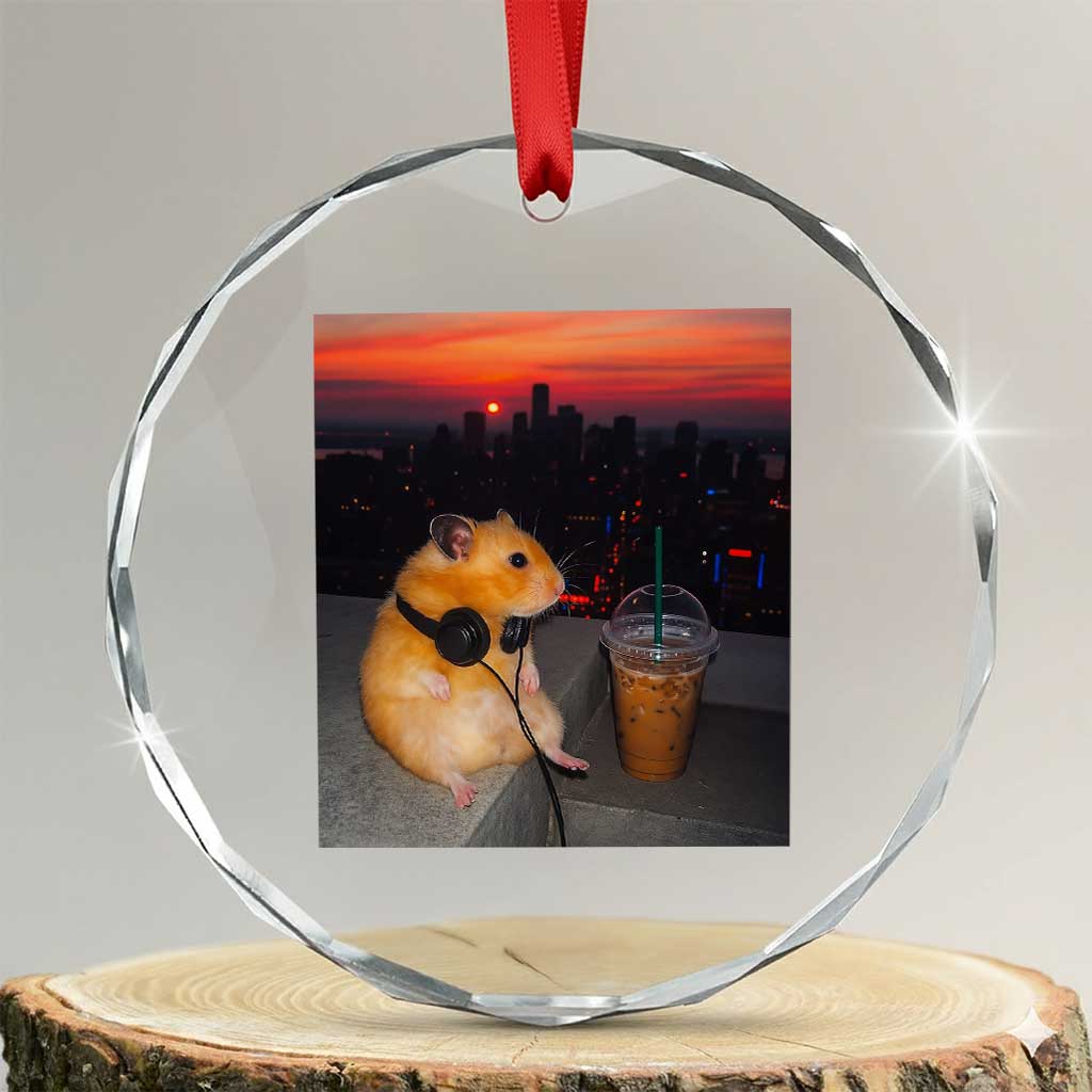 Hamster Drinking Iced Coffee Crystal Glass Ornament Funny Animal Chill City Sunset Headphones