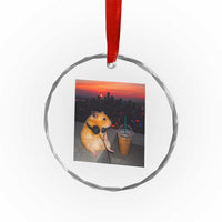 Hamster Drinking Iced Coffee Crystal Glass Ornament Funny Animal Chill City Sunset Headphones