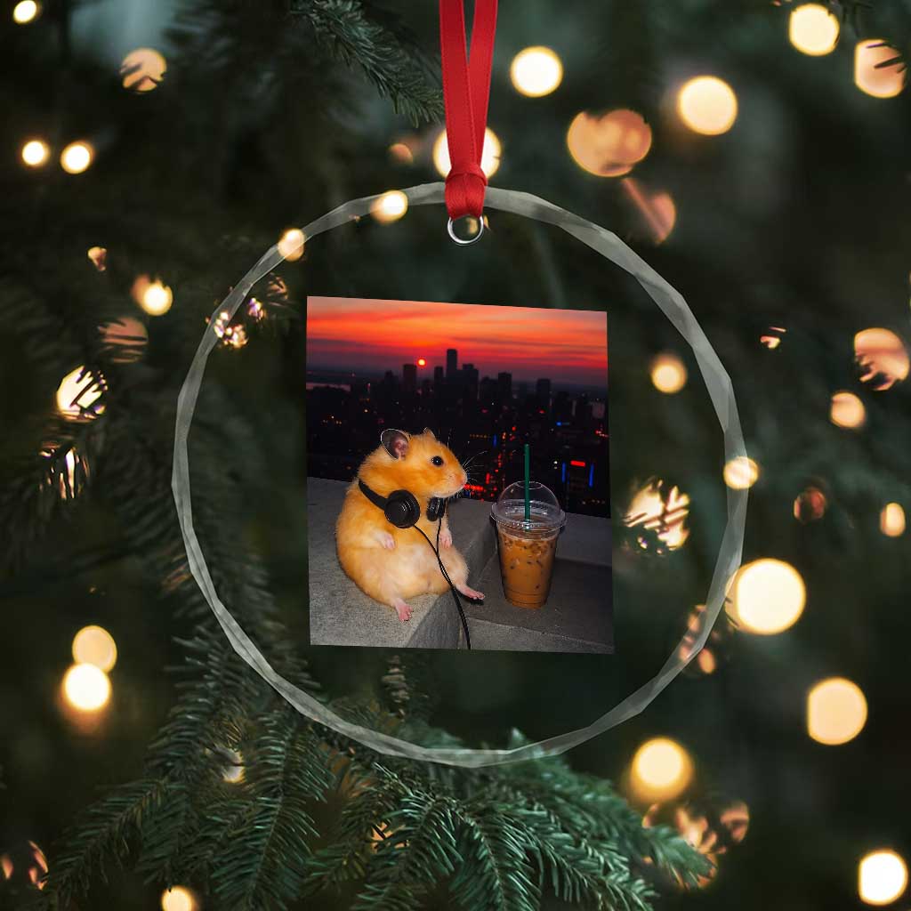 Hamster Drinking Iced Coffee Crystal Glass Ornament Funny Animal Chill City Sunset Headphones
