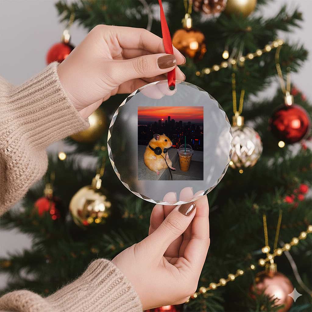 Hamster Drinking Iced Coffee Crystal Glass Ornament Funny Animal Chill City Sunset Headphones