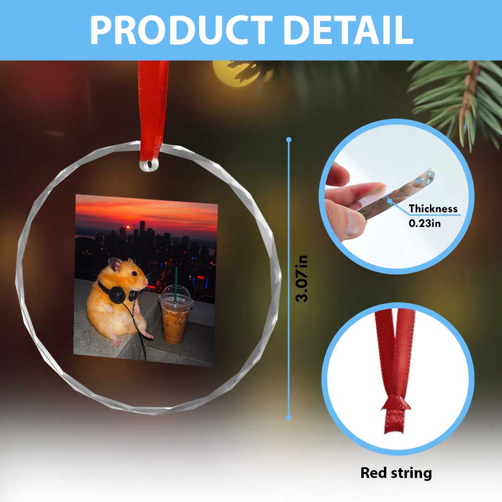 Hamster Drinking Iced Coffee Crystal Glass Ornament Funny Animal Chill City Sunset Headphones