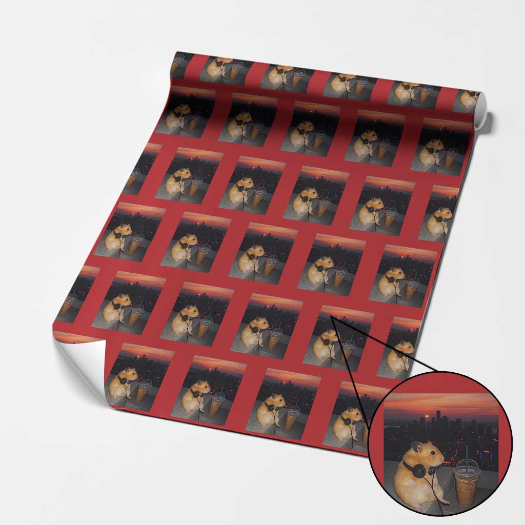 Hamster Drinking Iced Coffee Wrapping Paper Roll Funny Animal Chill City Sunset Headphones