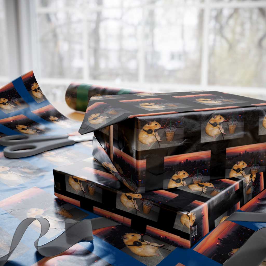 Hamster Drinking Iced Coffee Wrapping Paper Roll Funny Animal Chill City Sunset Headphones