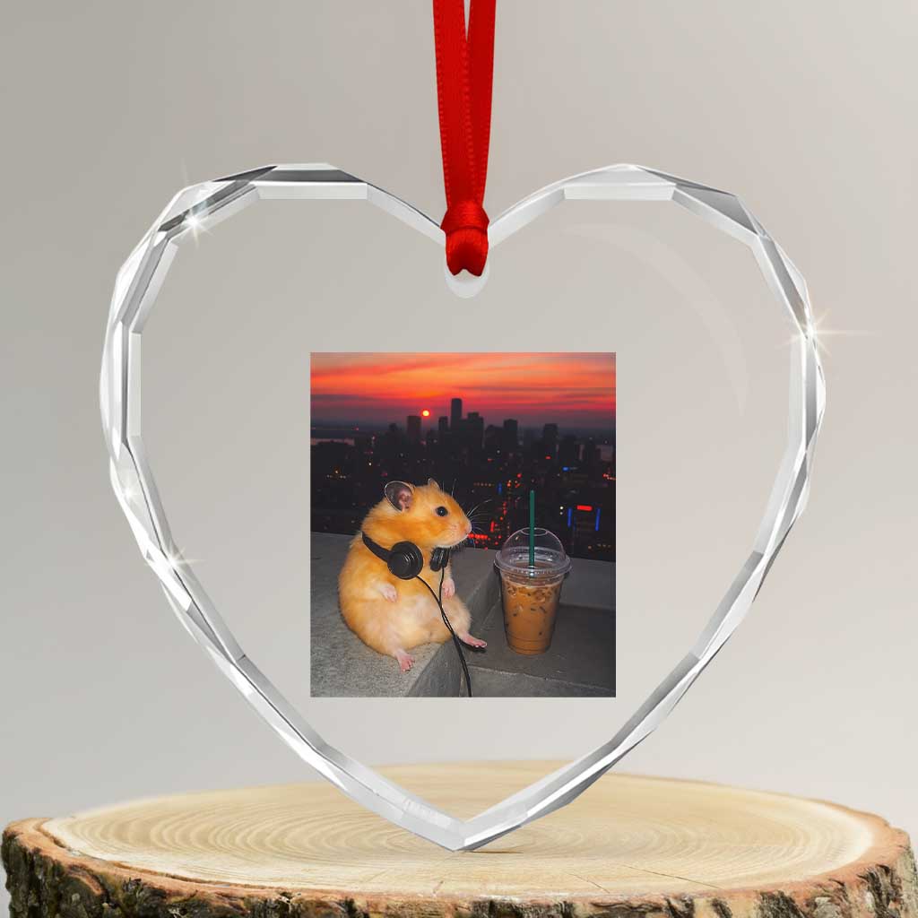 Hamster Drinking Iced Coffee Heart Crystal Glass Ornament Funny Animal Chill City Sunset Headphones