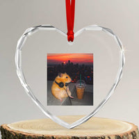 Hamster Drinking Iced Coffee Heart Crystal Glass Ornament Funny Animal Chill City Sunset Headphones