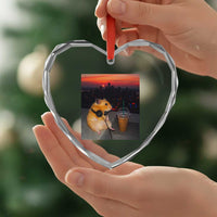 Hamster Drinking Iced Coffee Heart Crystal Glass Ornament Funny Animal Chill City Sunset Headphones