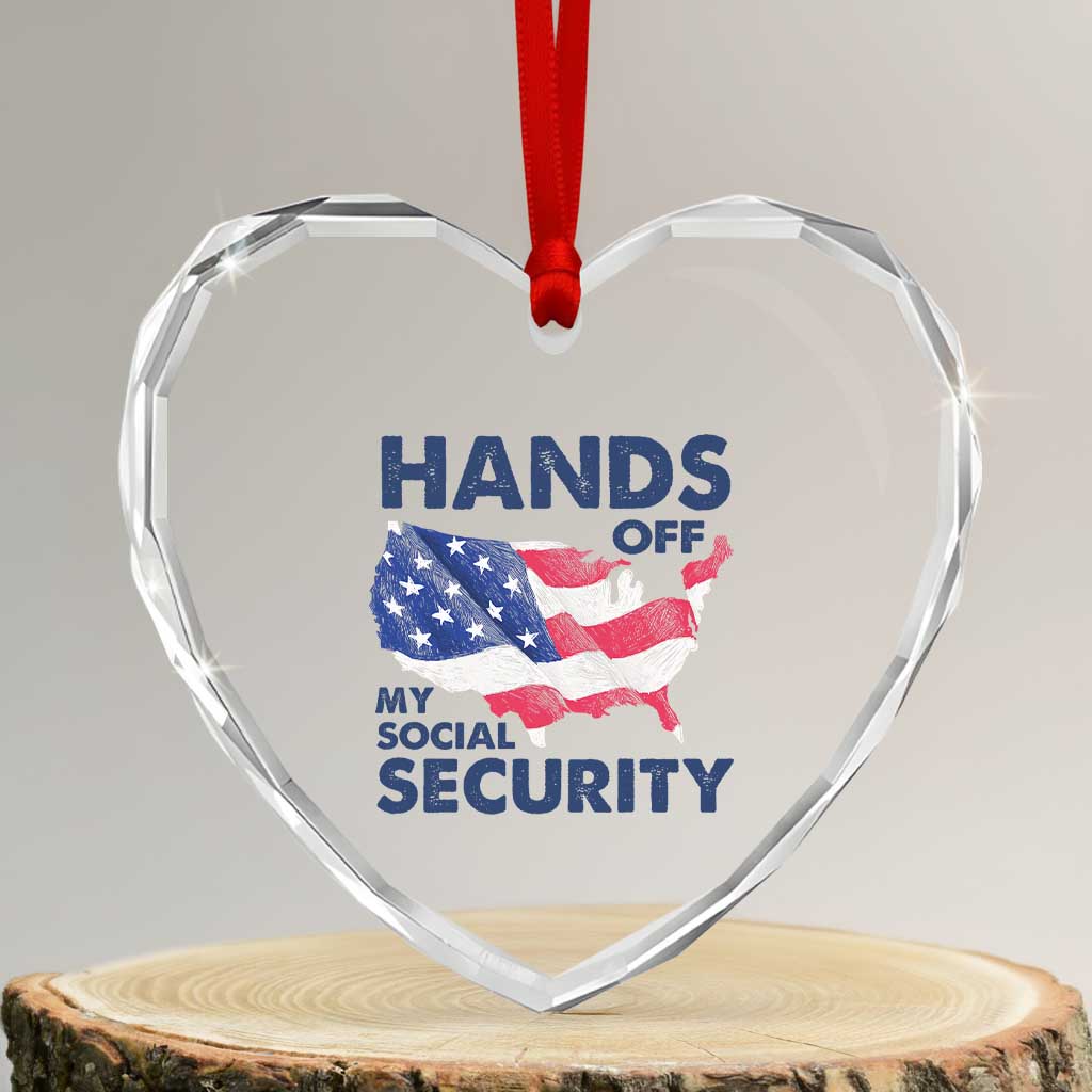 Hands Off My Social Security Heart Crystal Glass Ornament Patriotic USA Retirement Protection American Flag - Wonder Print Shop