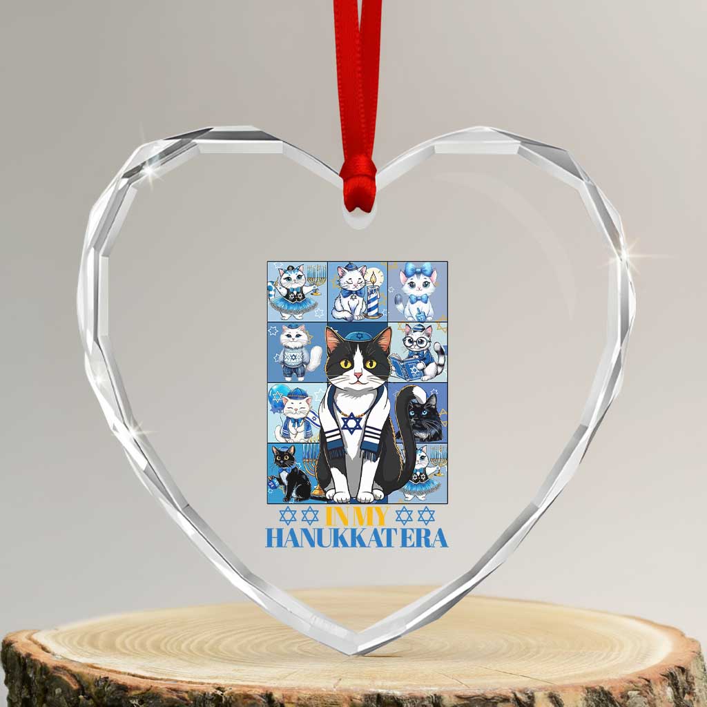 Hanukkah Cat Heart Crystal Glass Ornament In My Hanukkat Era Cute Jewish Cats - Wonder Print Shop