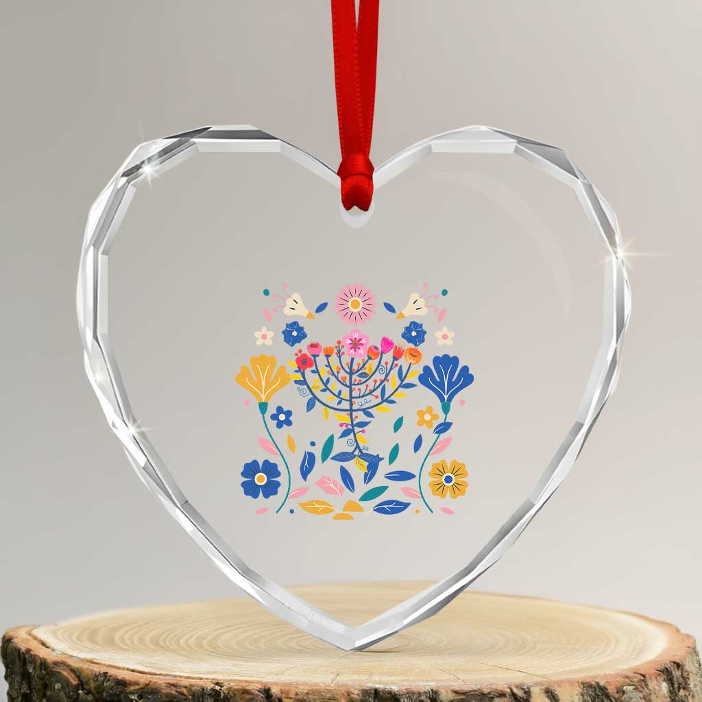 Hanukkah Floral Menorah Heart Crystal Glass Ornament Jewish Gift For Women - Wonder Print Shop