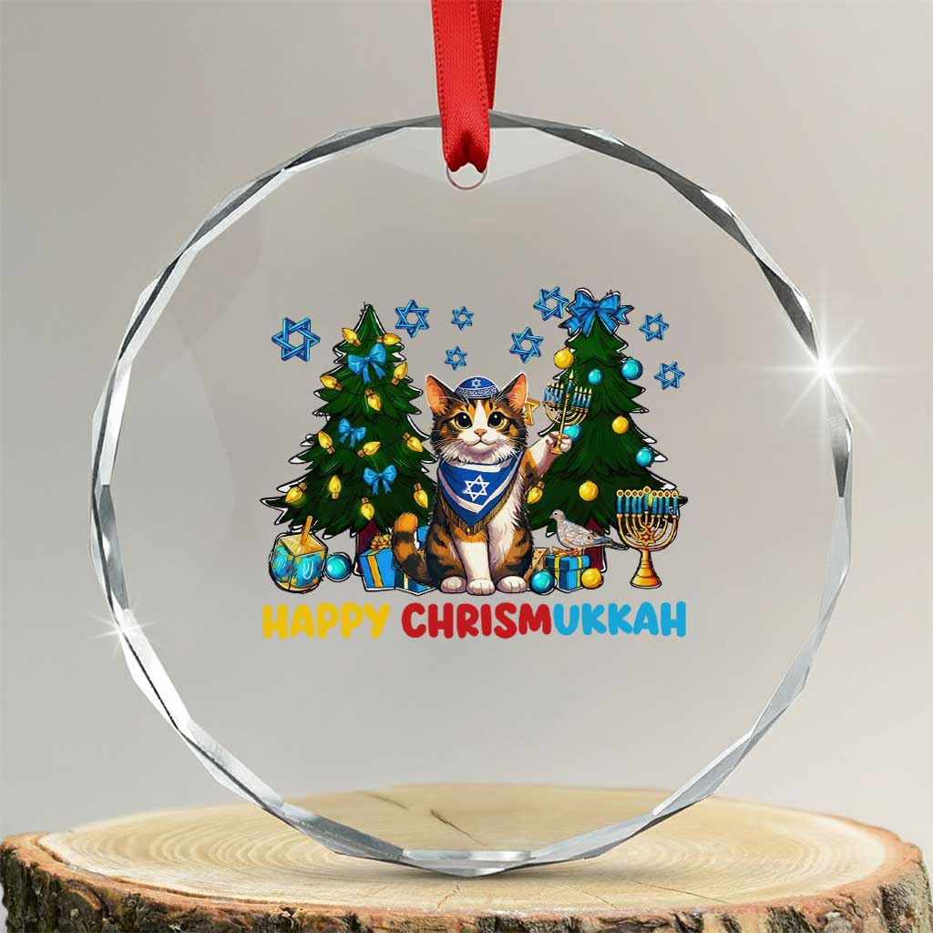 Happy Chrismukkah Crystal Glass Ornament Funny Christmas Hanukkah Cat Lover Gift - Wonder Print Shop