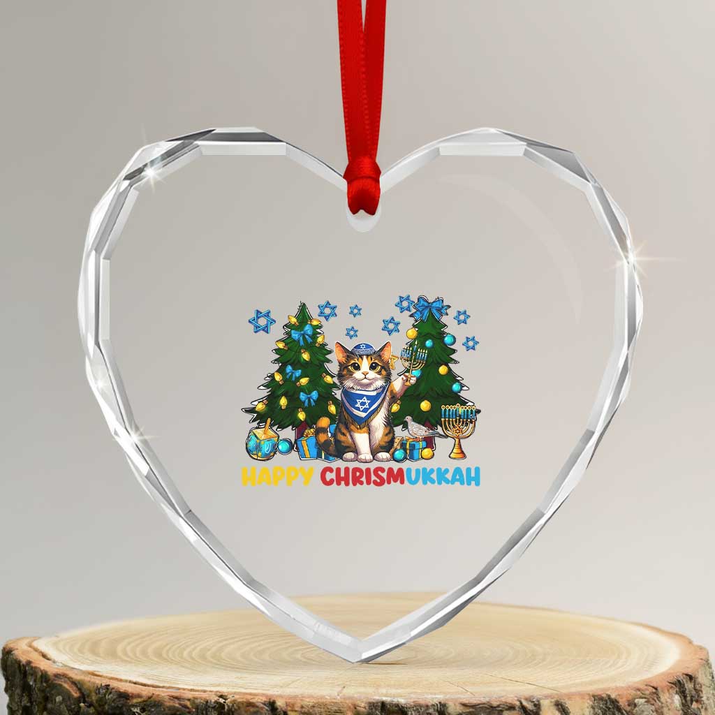 Happy Chrismukkah Heart Crystal Glass Ornament Funny Christmas Hanukkah Cat Lover Gift - Wonder Print Shop