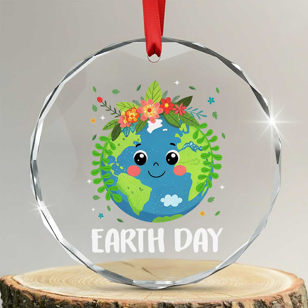 Happy Earth Day Crystal Glass Ornament Cute Earth With Floral - Wonder Print Shop