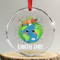 Happy Earth Day Crystal Glass Ornament Cute Earth With Floral - Wonder Print Shop