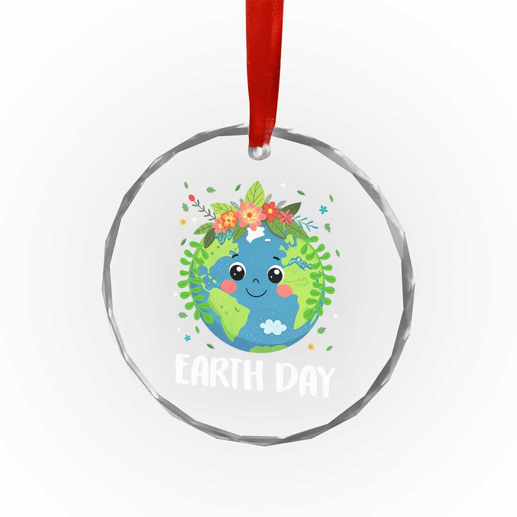 Happy Earth Day Crystal Glass Ornament Cute Earth With Floral - Wonder Print Shop