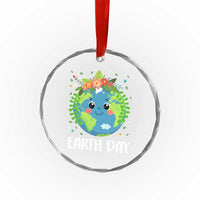 Happy Earth Day Crystal Glass Ornament Cute Earth With Floral - Wonder Print Shop