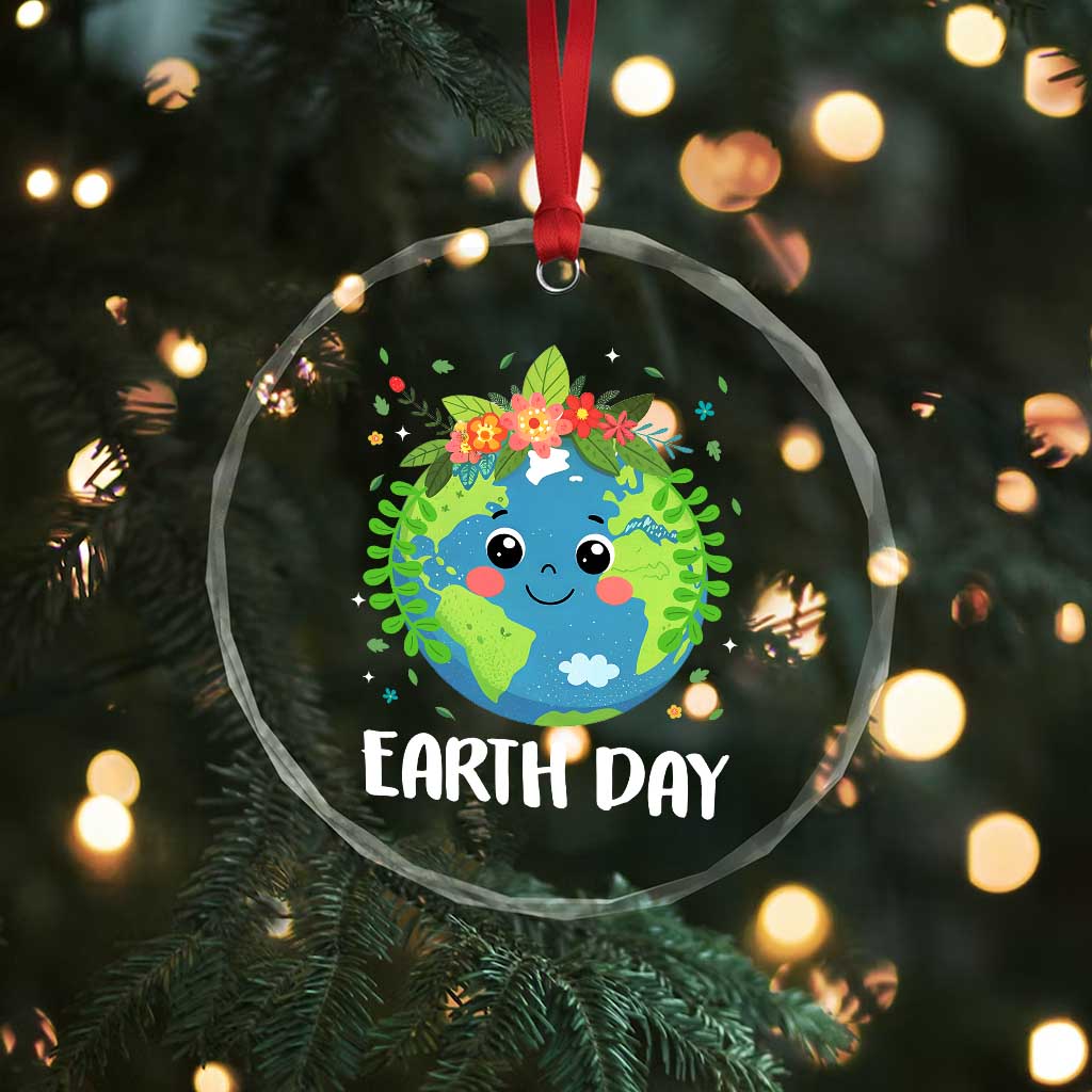 Happy Earth Day Crystal Glass Ornament Cute Earth With Floral - Wonder Print Shop
