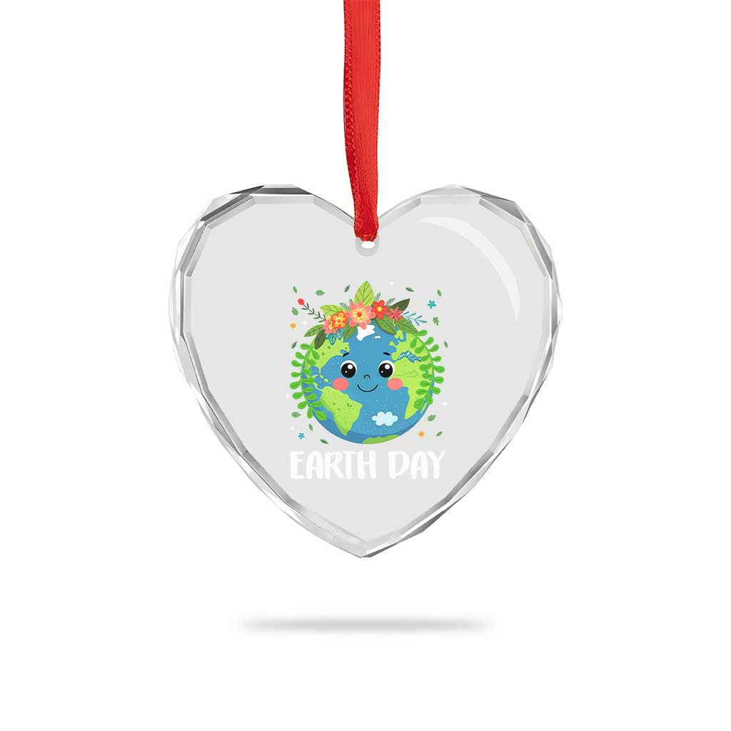 Happy Earth Day Heart Crystal Glass Ornament Cute Earth With Floral - Wonder Print Shop