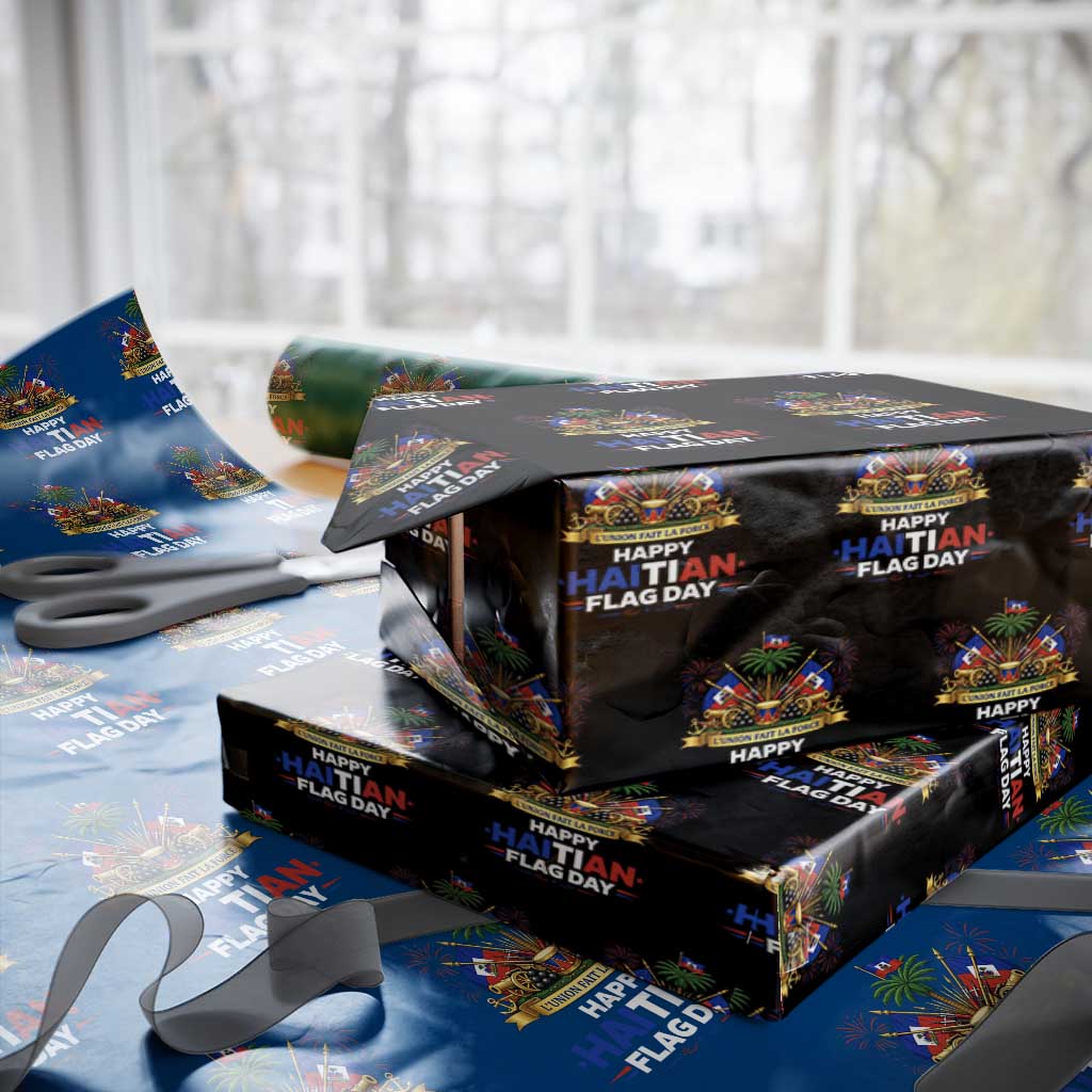 Happy Haitian Flag Day May 18 Heritage Celebration Wrapping Paper Roll L'Union Fait La Force Coat Of Arms Fireworks