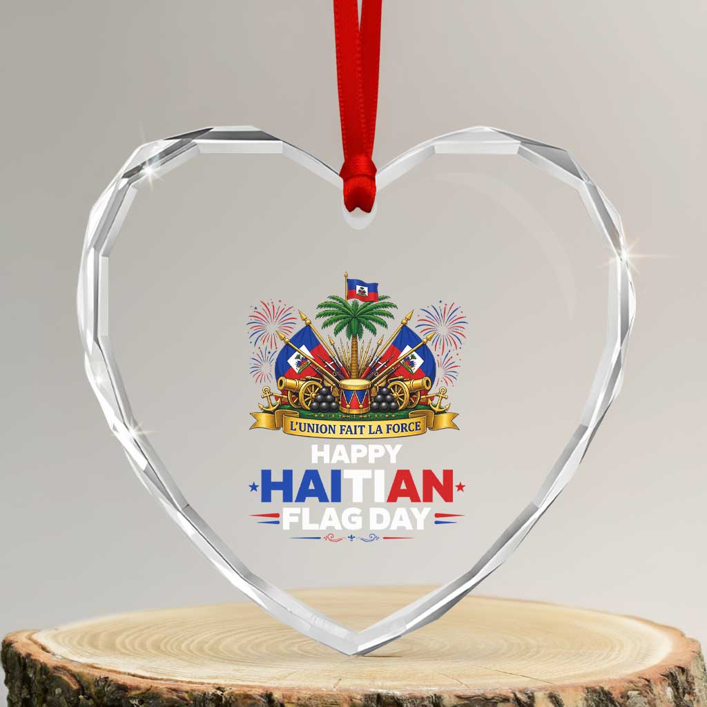 Happy Haitian Flag Day May 18 Heritage Celebration Heart Crystal Glass Ornament L'Union Fait La Force Coat Of Arms Fireworks