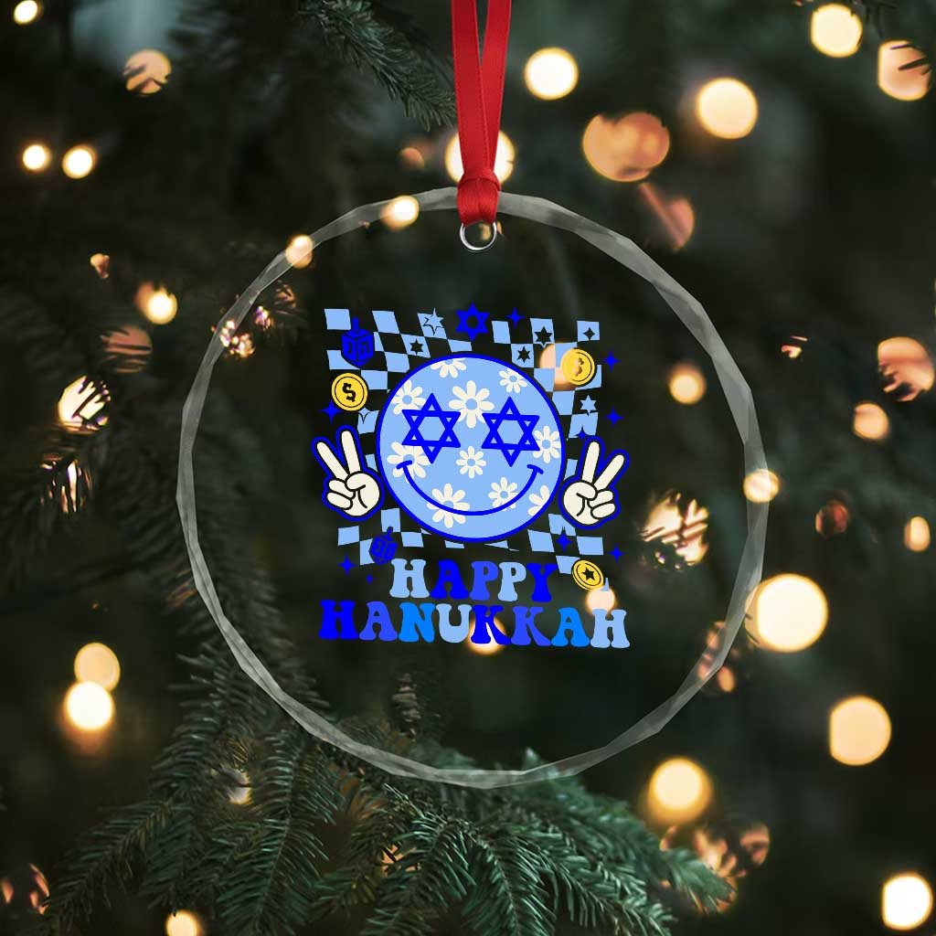Happy Hanukkah Crystal Glass Ornament Groovy Star Of David Smile Face Chanukah Pajama - Wonder Print Shop
