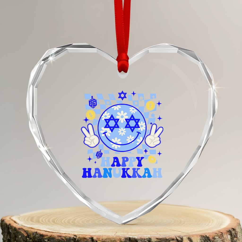 Happy Hanukkah Heart Crystal Glass Ornament Groovy Star Of David Smile Face Chanukah Pajama - Wonder Print Shop