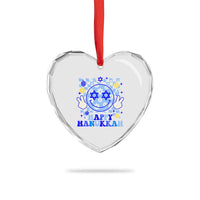 Happy Hanukkah Heart Crystal Glass Ornament Groovy Star Of David Smile Face Chanukah Pajama - Wonder Print Shop