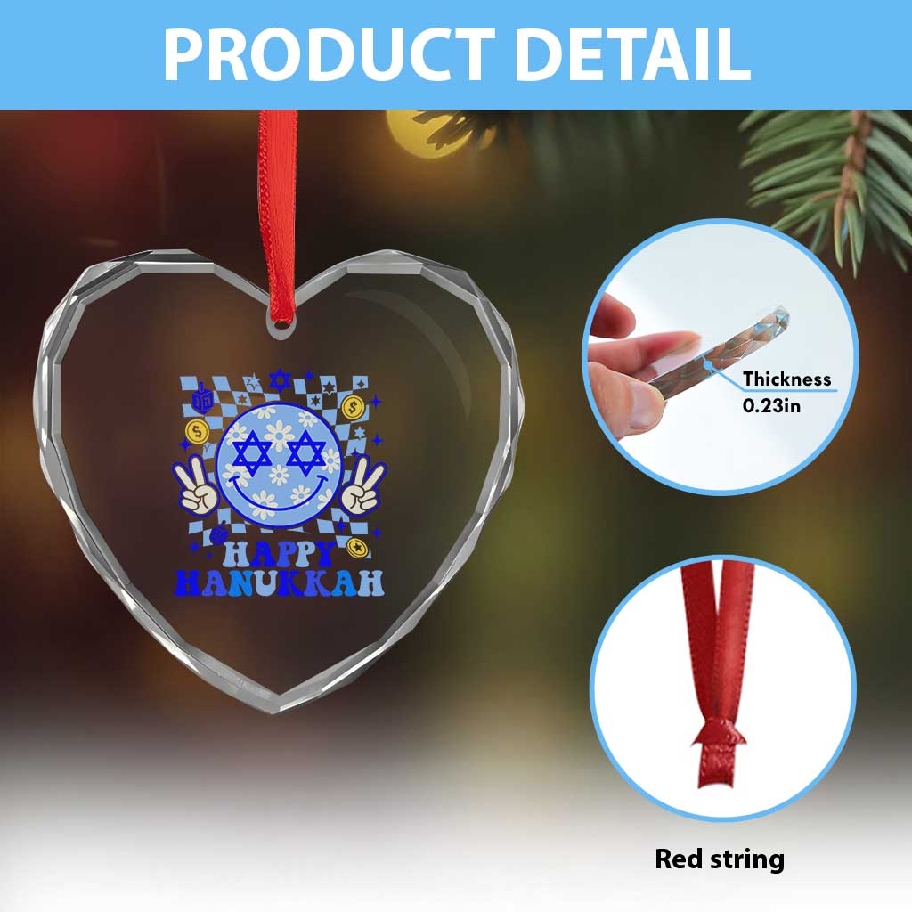 Happy Hanukkah Heart Crystal Glass Ornament Groovy Star Of David Smile Face Chanukah Pajama - Wonder Print Shop